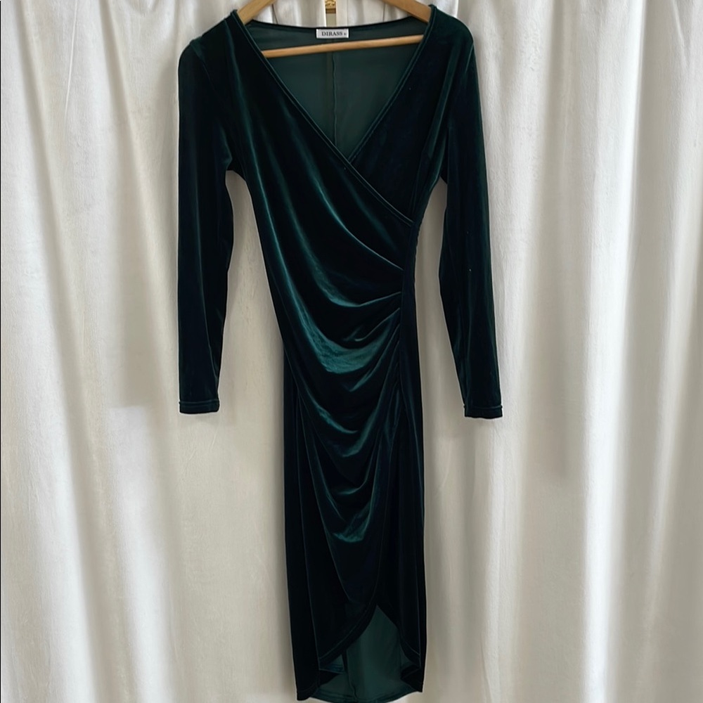 Deep Green Velvet Wrap-Style Long Sleeve Dress